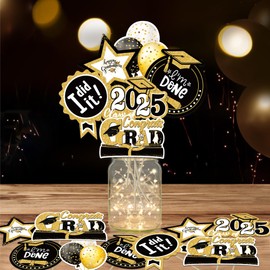 Graduation Party Decorations 2025, 36 PCS Graduation Centerpieces Sticks with LED String Lights, Double Sided Grad Table Decorations, Grad Party Supplies for College High School, Black and Gold