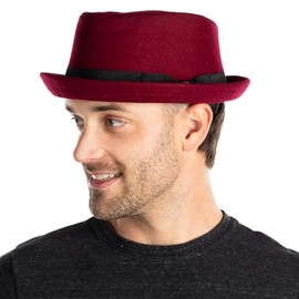 Funky Junque 100% Wool Pork Pie Hat for Men, Classic Pinched Crown, Grosgrain Band, Cotton Lining - Medium Burgundy