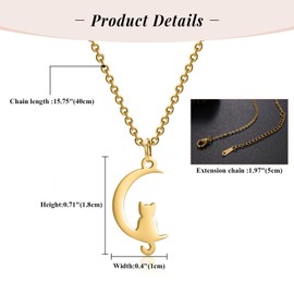 Flongo Cat Moon Necklace for Women: Gold Silver Cat on the Moon Crescent Kitten Pendant Stainless Steel Adjustable Cute Classic Chain