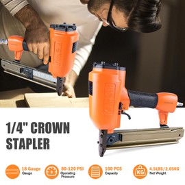 KAMSIN 21K440 18 Gauge Pneumatic 1/4"(5.8mm) Crown Medium Wire Stapler with Safety Lock, 1 to 1 5/8-inch(25-40mm) Leg Length Upholstery Stapler for Cabinetry, Decorative Trim