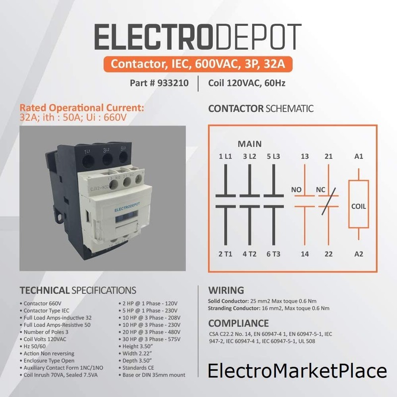 Electrodepot 30AMP Contactor 32A AC3, 50A AC1, Coil 120VAC, 3