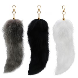 Atifober Furry Fox Therian Tail Keychain Black Faux Fur Tail Soft Wolf Animal Keychains White Long Fake Cat Tail Cosplay Bag Charms for Handbags Fluffy Keychain Gift for Women Cosplay Decor 3 Pcs