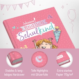 Häfft Endlich Schulkind A5 Memory Album for First Day of School for Girls "Rosa" Hardcover First Day of School Gift for the School Cone - Sustainable and Climate Friendly