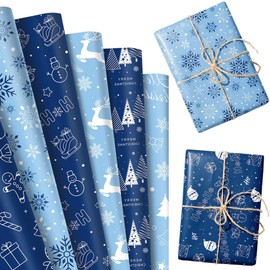 12 Sheets Blue Christmas Wrapping Paper Santa Snowman Snowflake Wrap Paper Craft DIY for Xmas Winter Birthday DIY Crafts Gift Wrapping
