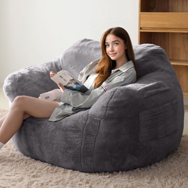 Thoustars Large Bean Bag Chair for Adults - Oversized Memory Foam Filled Sofa with Plush Faux Fur Perfect for Living Room, Bedroom, Dorm - Dark Gray