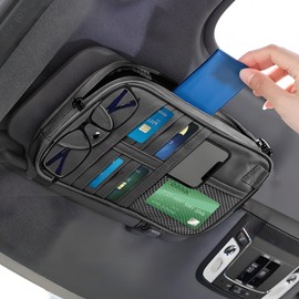 YGDMD Multi-Purpose Car Visor Organizer with Sun Glass Holder & Card Holder,PU Leather Truck Visor Organizer with Multi-Pocket and Zipper,Universal Car Storage Organizers