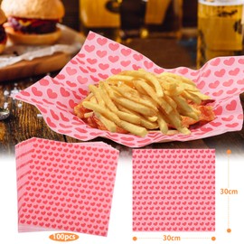 KIKISML 100 PCS Deli Paper Sheets 12 * 12 Inch, Valentine's Day Food-graded Greaseproof Paper Food Basket Liners for Sandwiches, Burgers, Fries Wrapping Paper - Red Heart