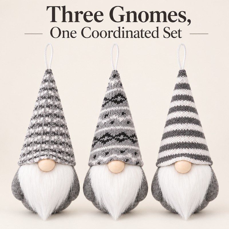 Christmas Gnome Hanging Ornaments - 3-Piece Gray Set with Patterned