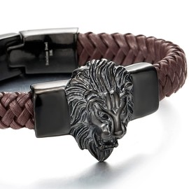 COOLSTEELANDBEYOND Mens Large Braided Leather Bracelet with Steel Black Color Lion and Brown Genuine Leather Straps(CA)