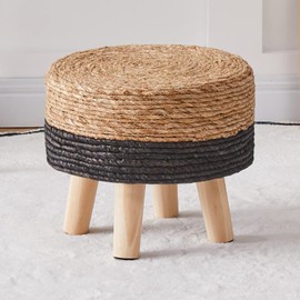 Cpintltr Ottoman Natural Seagrass Footrest Poufs Hand Weave Round Foot Stool for Couch Desk Soft Step Stool Padded Foot Rest with Pine Legs for Living Room Bedroom Natural/Black
