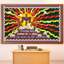 Pasimy 55 Pcs Christian Easter Bulletin Board Set DIY Easter Jesus Classroom Decorations Sun Jesus Resurrection Cross Lily Cutouts with Crepe Paper Rolls for Religious Church Sunday School Decorations