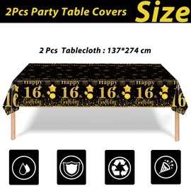 2Pcs Black Gold Happy 16th Birthday Party Table Cloth,137*274cm Plastic 16th Birthday Table Decorations for Boys,Girls Birthday Table Cloth Disposable Tablecover for 16th Him,Her Birthday Gifts Party