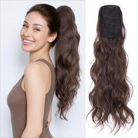 Benehair Ponytail Extension 26" Long Curly Wave Clip in Hair Extension Natural Fashion Drawstring Ponytail Synthetic Clip in Ponytail Hair Pieces for Women (Middle Brown, 120g)