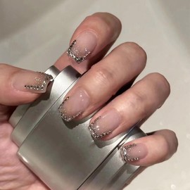 MERVF Press ons Nails Medium Square, Grey Ombre French Tip Fake Nails, Rhinestones Glue ons Glitter Design Acrylic Nail Taupe Manicure Supplies Glossy 24pcs