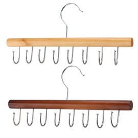 Pack of 2 Wooden Clothes Hangers, 360° Rotating Belt Organiser, with 8 Hooks, Wardrobe Space-Saving, Original Wood Colour, Vintage Colour, for Scarves, Ties, Belts, Braces (28 x 19 cm)