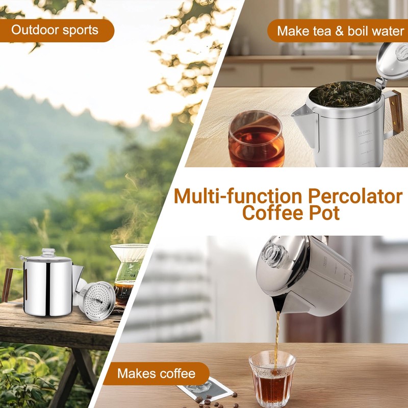 Vaolvpant No Coating 12 Cup Percolator Coffee Pot 304 Stainless
