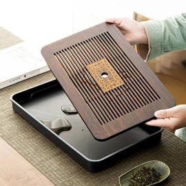 CHANJOON 14" Bamboo Chinese Kung Fu Tea Tray with Water Storage Bamboo Tray for Kung Fu Teaware (Fu -Black)