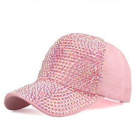 Gudessly Women Studded Rhinestone Crystals Adjustable Baseball Cap Plain Sparkle Bling Denim Sun Hat (Pink Cap)