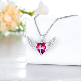 Flpruy Angel Wings Necklace with Cross Sterling Silver Guardian Angel Wings Pendant with Birthstone Necklace Valentine's Day Anniversary Birthday Angel Jewelry Gifts for Women Girl, Sterling Silver,