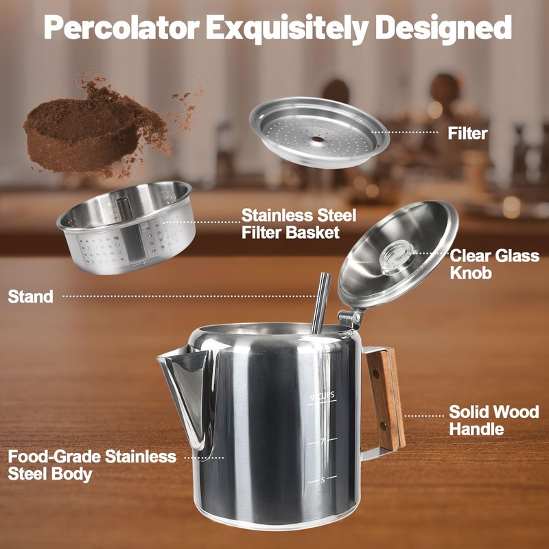 DITOSH 9 Cup Percolator 304 Stainless Steel Coffee Pot Coffee