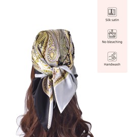 EIysee 27.5 Inches Silk Head Scarf for Women Satin Hair Scarf Silk Wrap Neck Square Scarves Feeling Scarf Boho Headwear(black-peacock)