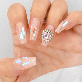 Sethaxy Handmade Nail Tip, Very Long Coffin Tip, 3D Relief, Press-On Nail, Rhinestones, False Nails, Crystal, 3D Nails, Long, Nude Color, False Nails, Solid Fake Nails, Stylish, For Large Nails,