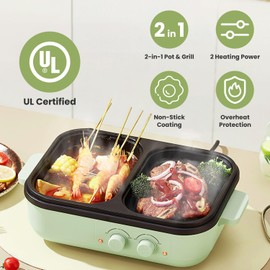 iMounTEK Electric Hot Pot with Grill 2-IN-1 Hot Pot and Frying Pan Portable Non-Stick Pot and Griddle Electric Cooker Pot with Glass Lid Fast Heating BBQ Steaks Noodles for 1-2 People Party