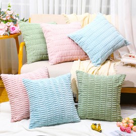 Mixweer 6 Pcs Corduroy Pillow Covers 18x18 Inch Spring Plush Throw Pillow Covers Decor Decorative Fluffy Striped Couch Cushion Case for Sofa Couch Bedroom Living Room Party(Macarons)