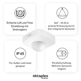 Oktaplex Tim Presence Detector 360° Motion Sensor Outdoor IP65 PIR Motion Sensor White 230 V Surface-Mounted