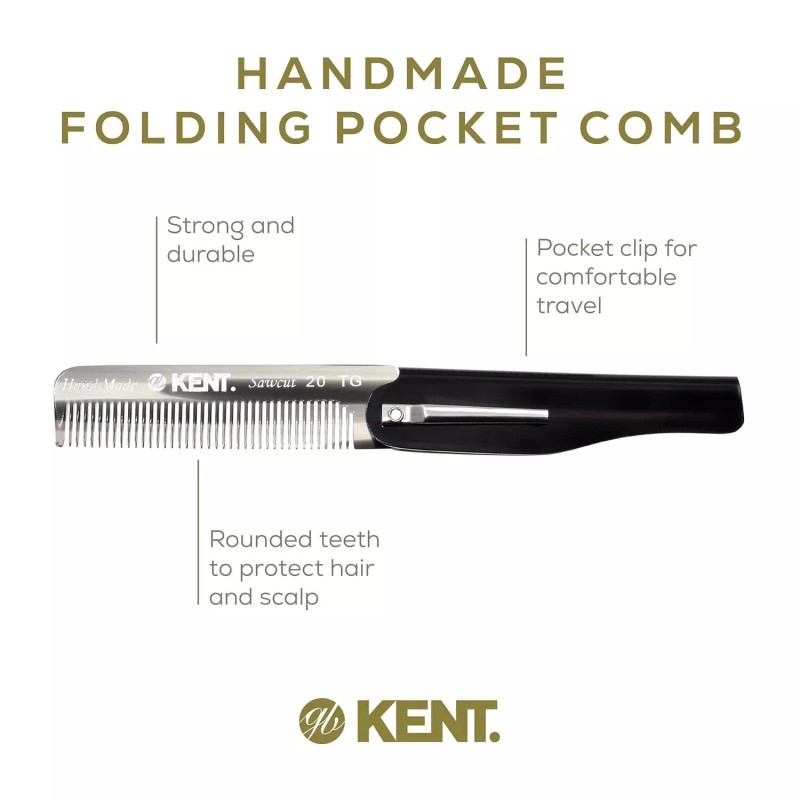 Kent 20T Handmade Folding Pocket Comb for Men, Fine Tooth