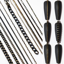WOKOTO 12 Black Bronze Chains Nail Charms 3d Metal Nail Chain Charms Decoration For Women Girls Bronze Metal Punk Nail Jewelry Chains Charms For Manicure Supplies For Fingernails