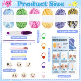 Worry Worms Crochet Set, Lucky Worms Crochet Set with Instructions, 60 Wooden Balls with Face 20 mm, 6 x 50 g Crochet Yarn, Colourful, Crochet Hook, Worry Worms Lucky Worms Accessory Set, Crochet Set
