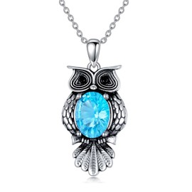 LONAGO Owl Necklace 925 Sterling Silver 6 mm x 8 mm Oval Cut Gemstone Birthstone Vintage Owl Pendant Necklace for Women, Sterling Silver