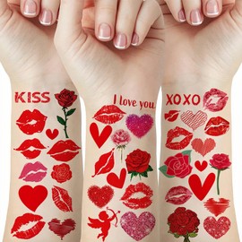 Valentines Temporary Tattoo Stickers Red Heart Lips Easy Use Water Transfer Temporary Tattoos Waterproof Tattoos Stickers for Valentines Day Party Makeup Art Decor 10pcs