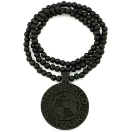 GWOOD World Is Yours Pendant Good Wood Black Replica with 36 Inch Bead Necklace
