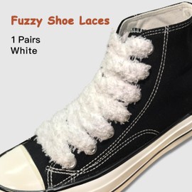RSAJHTRY Flat Fuzzy Shoe Laces, 22mm Wide Soft White Fluffy Laces for Sneakers 55.1 Inch
