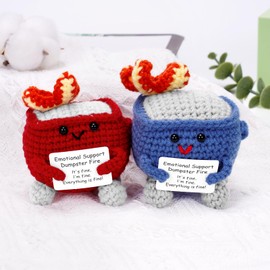 2PCS Mini Emotional Support Dumpster Fire Crochet Positive Funny Office Decor Small Birthday Gifts for Women Men Coworkers Cute Stuff Things Inspirational Gifts for Home Girlfriend Boyfriend
