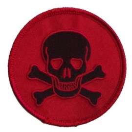 SKULL WITH CROSS BONES PATCH BLACK ON RED