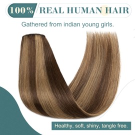 Elailite Clip in Hair Extensions Real Human Hair Remy Hair Full Head - 8 Pcs Invisible Thin Weft - Mix #4/27 Medium Brown & Dark Blonde - 16 Inch (64 g)