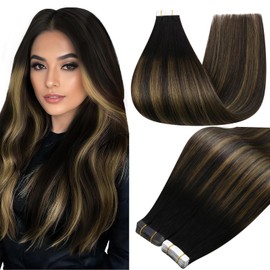 Full Shine Hair Extensions Tape in Color 1B Off Black Ombre 6 Brown And Black Tape in Hair Extensions Human Hair 18 Inch Remy Human Extension 50Gram Double Sided Tapes Add Length 20Pcs Soft
