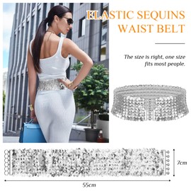 Sequin Wide Belt Women's Metal Buckles Shiny Waist Belt, Gold, sliver