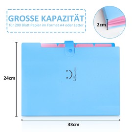 Pack of 2 A4 Document Folders, Expanding Folder A4 with 400 Labels, 5 Compartments A4 Folder with Press Stud for Home, Office, School and Travel (Blue + Green)