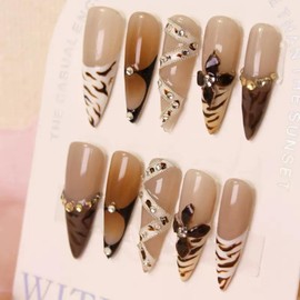 100% 5D Handmade Press on Nails with Charms Long Stiletto Nails Press ons- Fall False Nails Leopard French tip Press on Nails Autumn Fake Nails for Women Girls Daily Wear DIY Manicure Size M