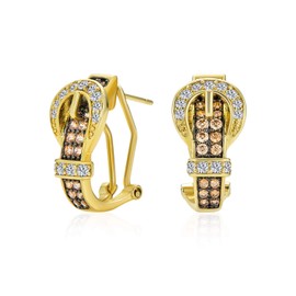 Coffee Brown Cubic Zirconia Pave CZ Belt Buckle Stud Drop Earrings For Women Omega Back 14K Gold Plated Brass