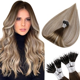 Hetto Real Hair Nanoring Extensions, Balayage Blonde Nanoring Hair Extensions, Remy Nano Ring Real Hair Extensions, Dark Brown Mix Ash Brown and Medium Blonde 55 cm 50 g