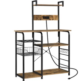 Yaheetech Kitchen Bakers Rack with Power Outlet, Coffee Bar Microwave Stand Cart with Wire Basket and Wine Rack & 10 S-Hooks, Kitchen Island Buffet Table for Spices/Pots/Pans, Rustic Brown