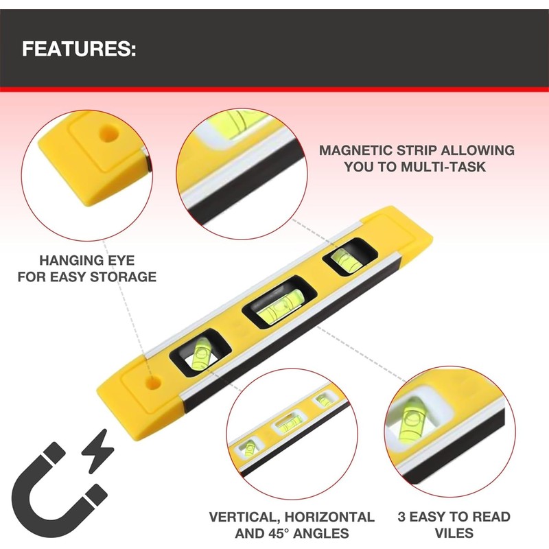 AYMBH Magnetic Spirit Level 230mm/9-Inch – Heavy-Duty Torpedo Level with