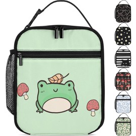 Frog and Mushroom Lunch Box Girls Boys Insulated Lunch Bag Reusable Lunchbox with Side Pocket, Cute Lunch Box for Girls Boys, Waterproof Lunch Tote Bag for Women Men Kids Work Office School Picnic