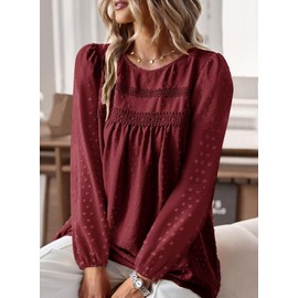 Falechay Babydoll Burgundy Tops for Women Swiss Dots Cute Pom Pom Chiffon Floral Teacher Blouse Lace Boho Round Neck Long Sleeve M