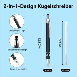 ENLACE High Quality Ballpoint Pen Set of 6 Ergonomic Ballpoint Pens Metal Ballpoint Pen with Non-Slip Grip Zone, Retractable Ballpoint Pen with 10 Ballpoint Pen Refills for Office Household, Black